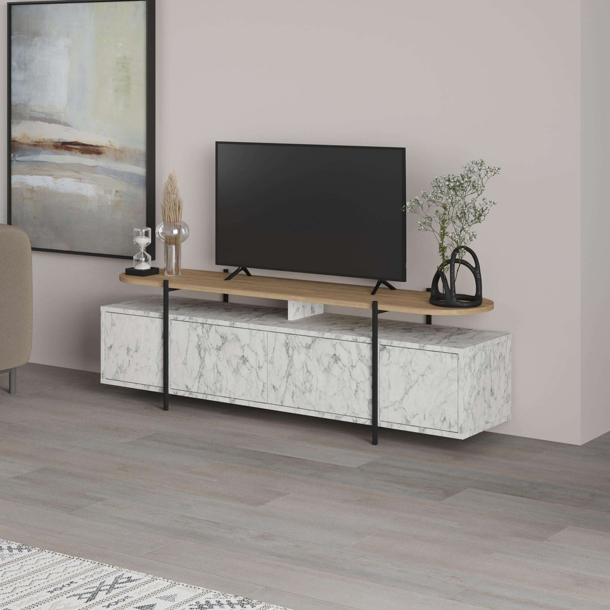 Modern media console with storage cabinets, light wood top, and white marble-effect fronts