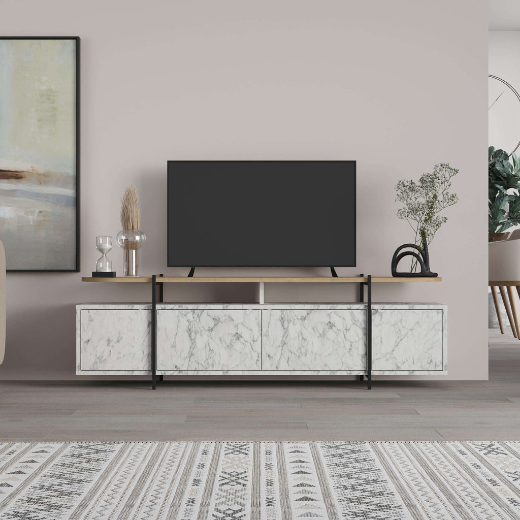 Modern TV stand with side cabinets and open shelf, white marble-look finish, black metal legs