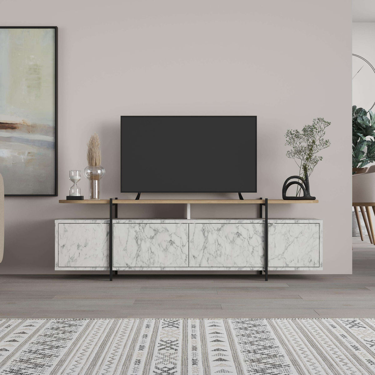 Modern TV stand with side cabinets and open shelf, white marble-look finish, black metal legs
