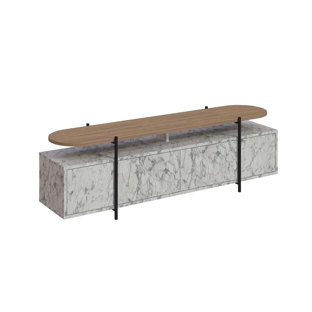 Modern TV stand with long wood top, white marble-look base, black metal legs