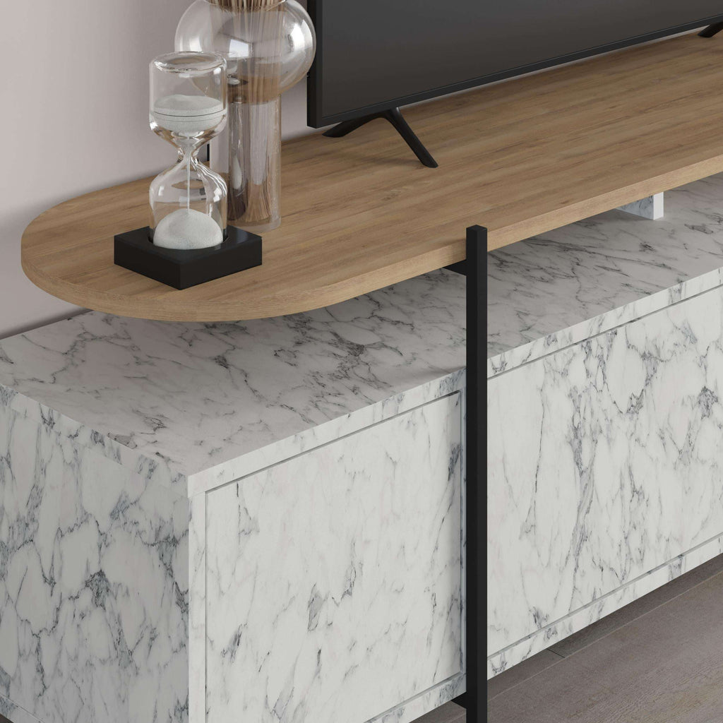 Modern TV stand with light wood top, black legs, and white marble-effect side panels