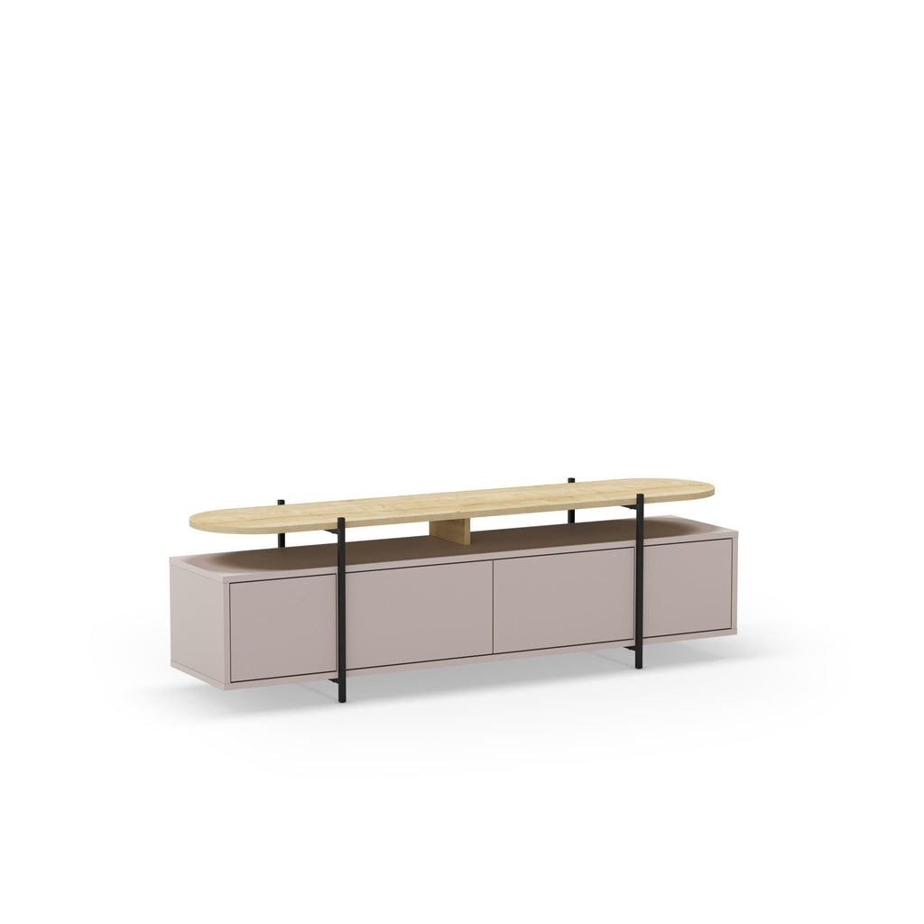 Modern TV stand with oval oak top, grey drawers, and black metal side supports