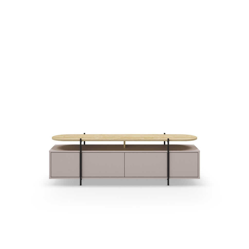 Modern TV stand with oak round top, grey drawer fronts, and black metal legs