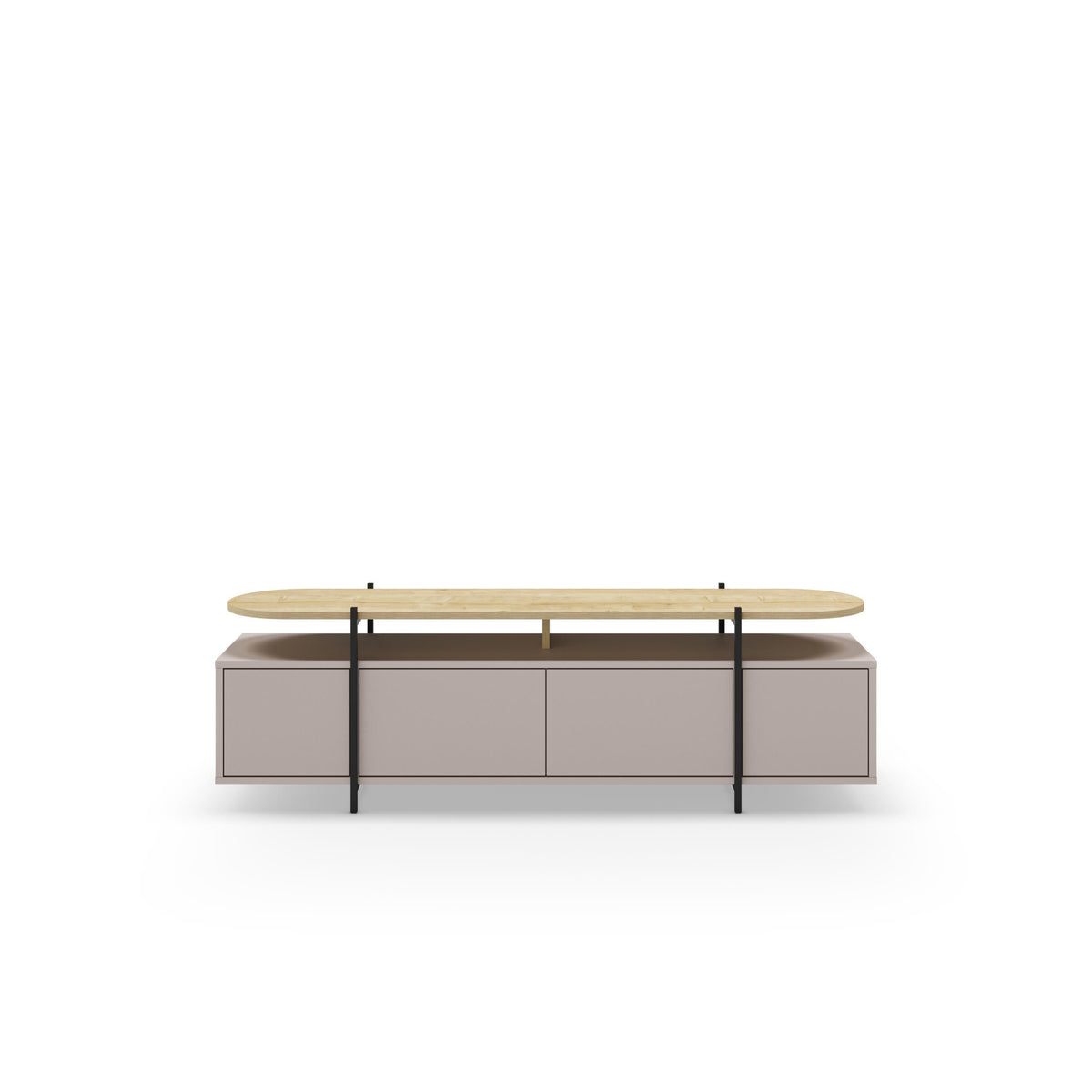 Modern TV stand with oak round top, grey drawer fronts, and black metal legs