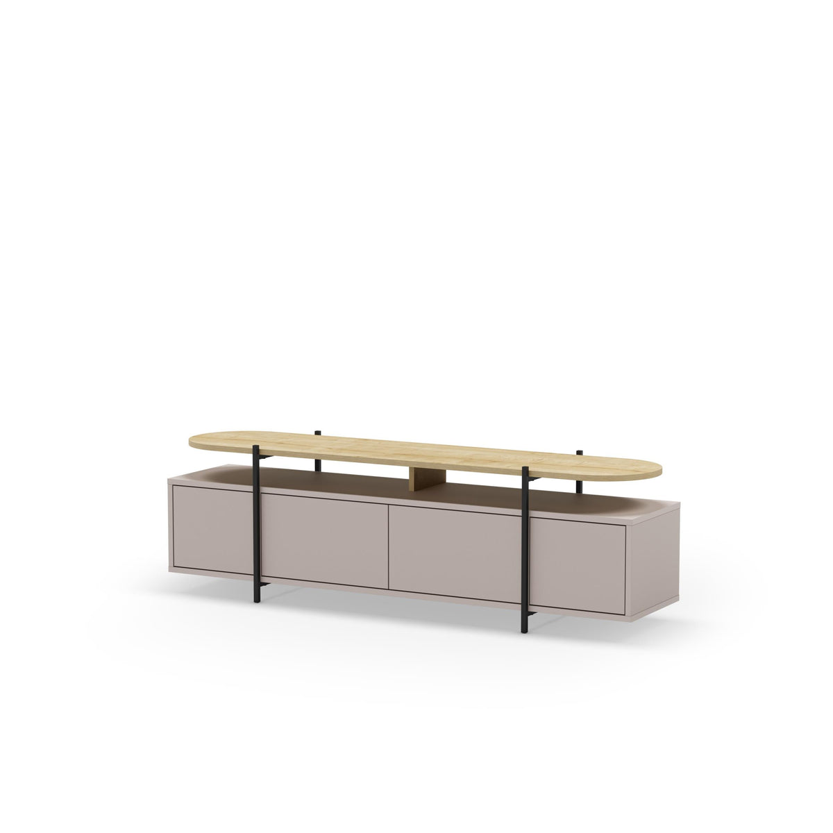 Modern TV stand with oval oak top, grey drawers, and black metal frame
