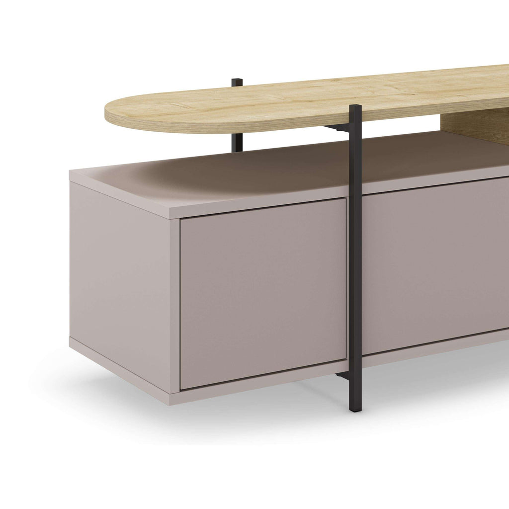 Modern TV stand with storage cabinet, light wood top, white finish, black metal legs