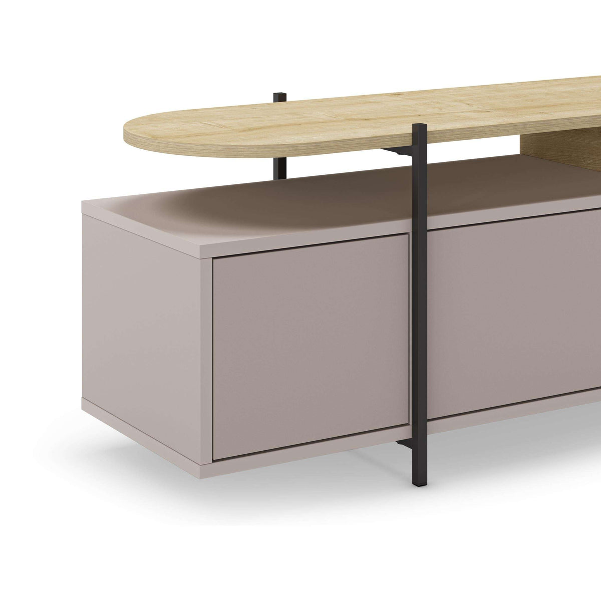Modern TV stand with storage cabinet, light wood top, white finish, black metal legs