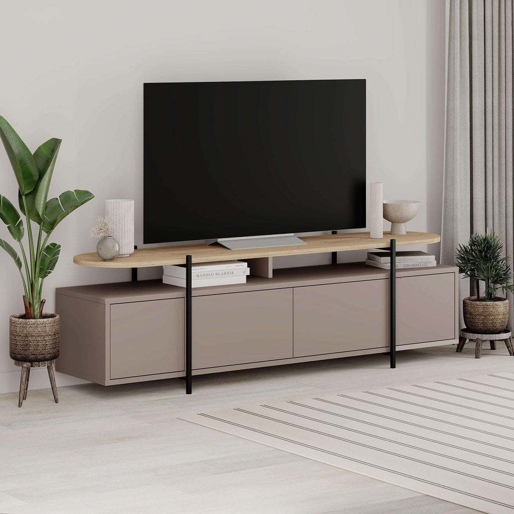 Modern TV stand with media compartments and doors, light wood top, grey cabinets, black legs