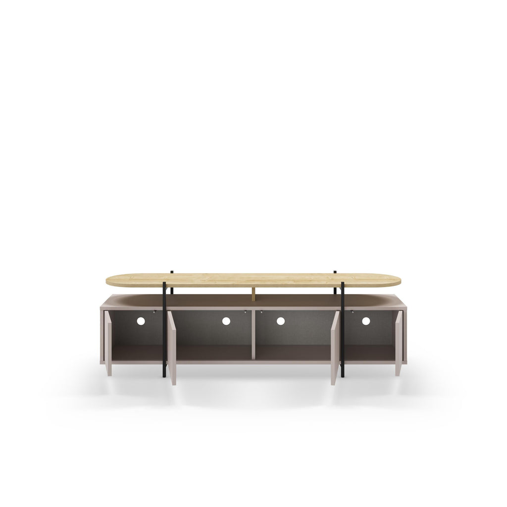 Modern media TV stand with oak round top, grey open shelving, and black metal legs