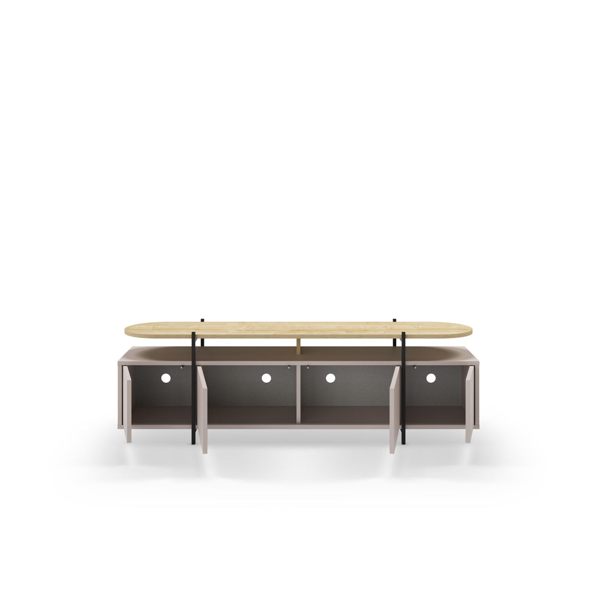 Modern media TV stand with oak round top, grey open shelving, and black metal legs