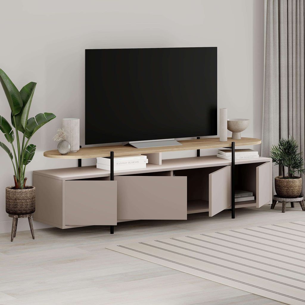 Modern TV stand with oak top, light grey cabinet drawers, and black metal legs