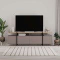 Modern TV stand with matte gray cabinet doors, open center shelf, and slim metal legs