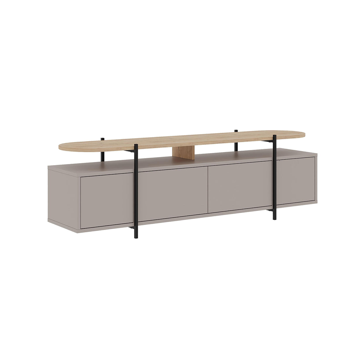 Modern TV stand with oak round top, grey drawers, and black metal legs