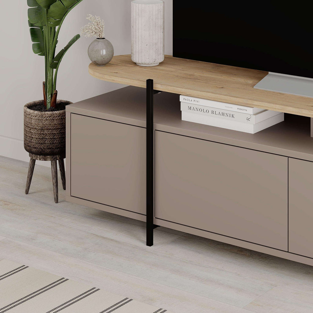 Modern TV stand with oak top, light mocha grey drawers, and black metal legs