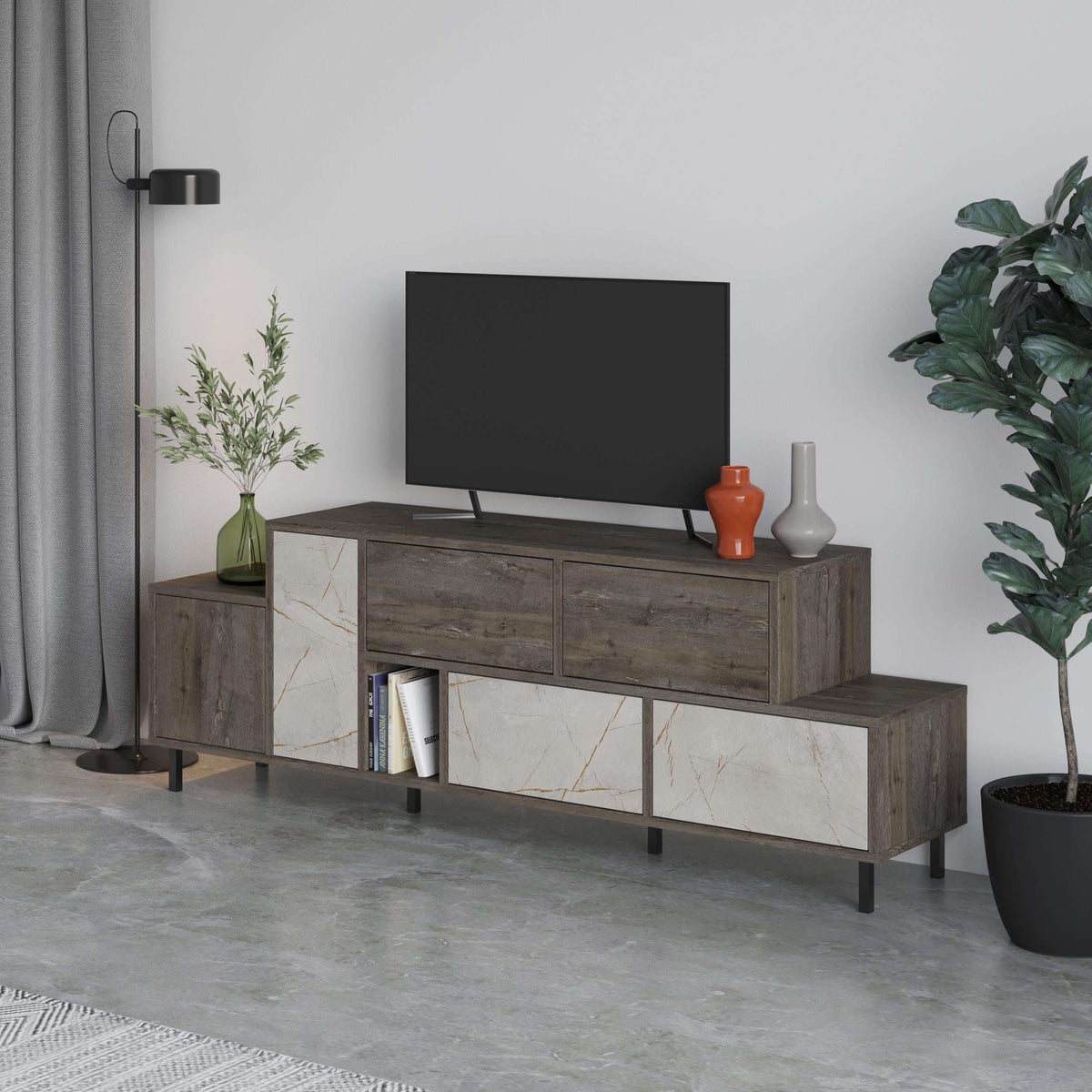 Modern TV stand with TV support top, wood drawers, and marble-look storage fronts