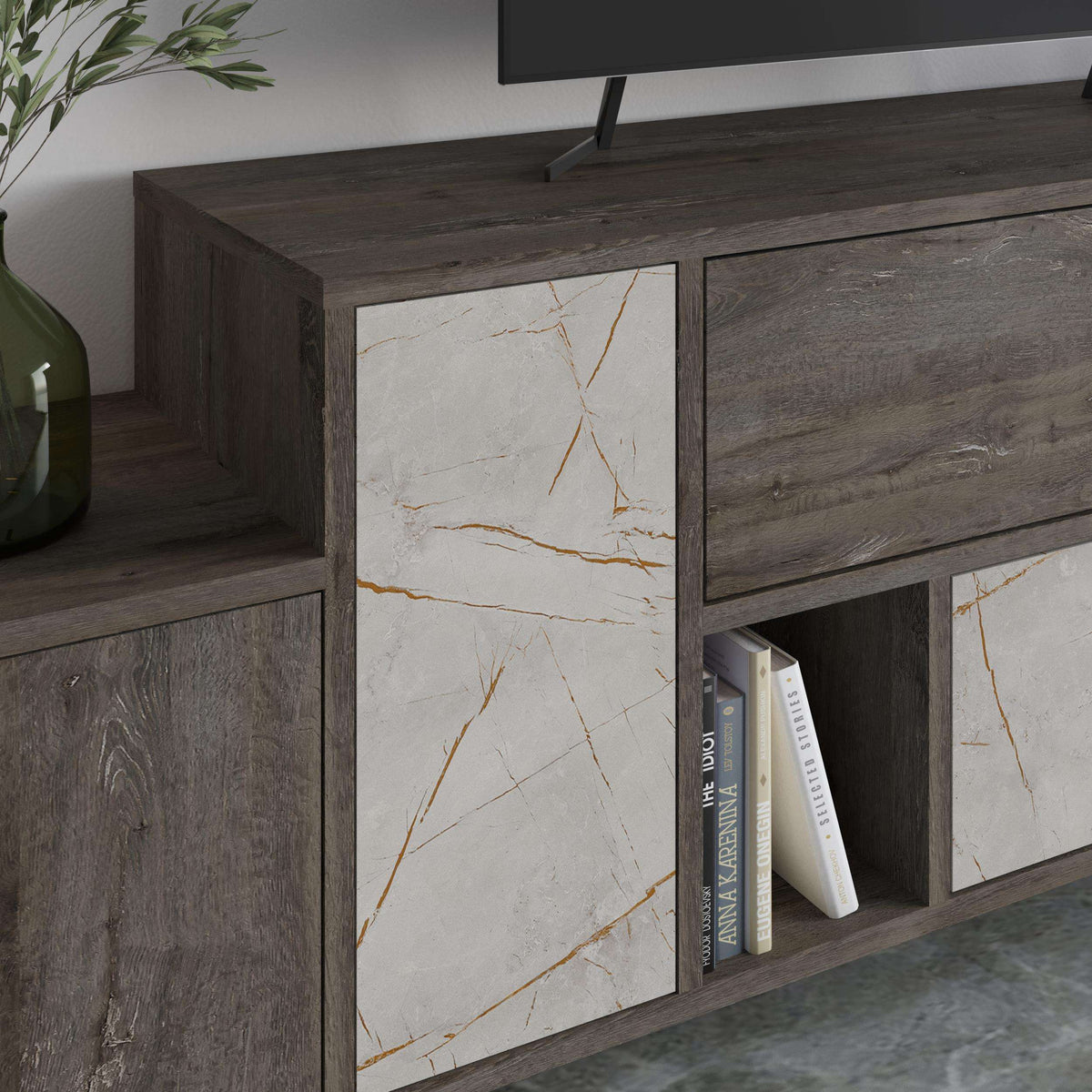 Wood TV console cabinet with marble-effect door panel and open media shelf