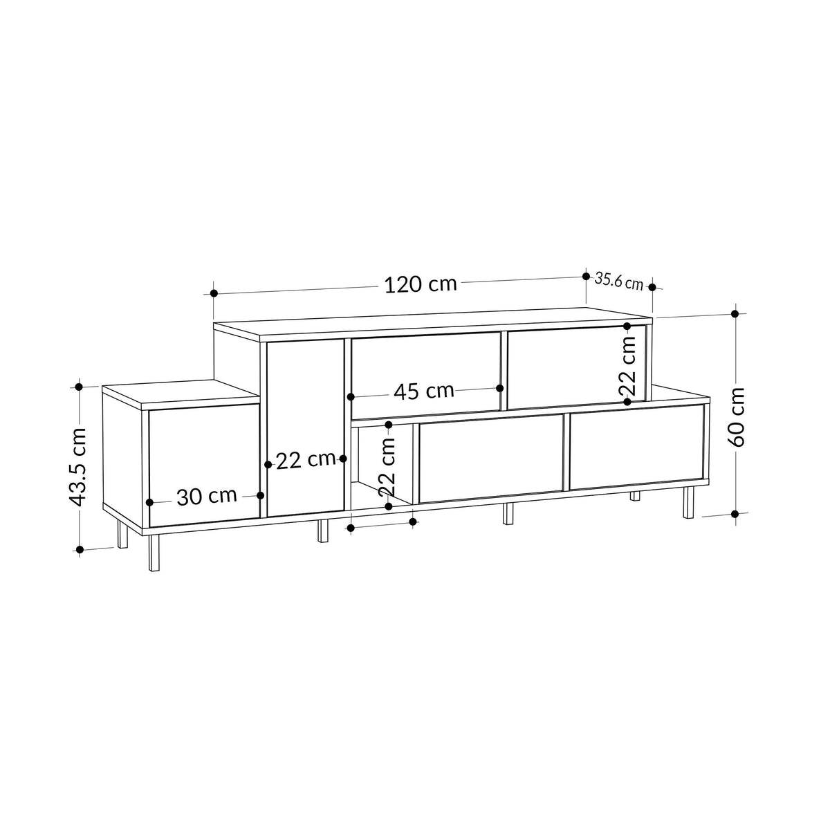 TV stand size diagram with labeled width, depth, and height measurements