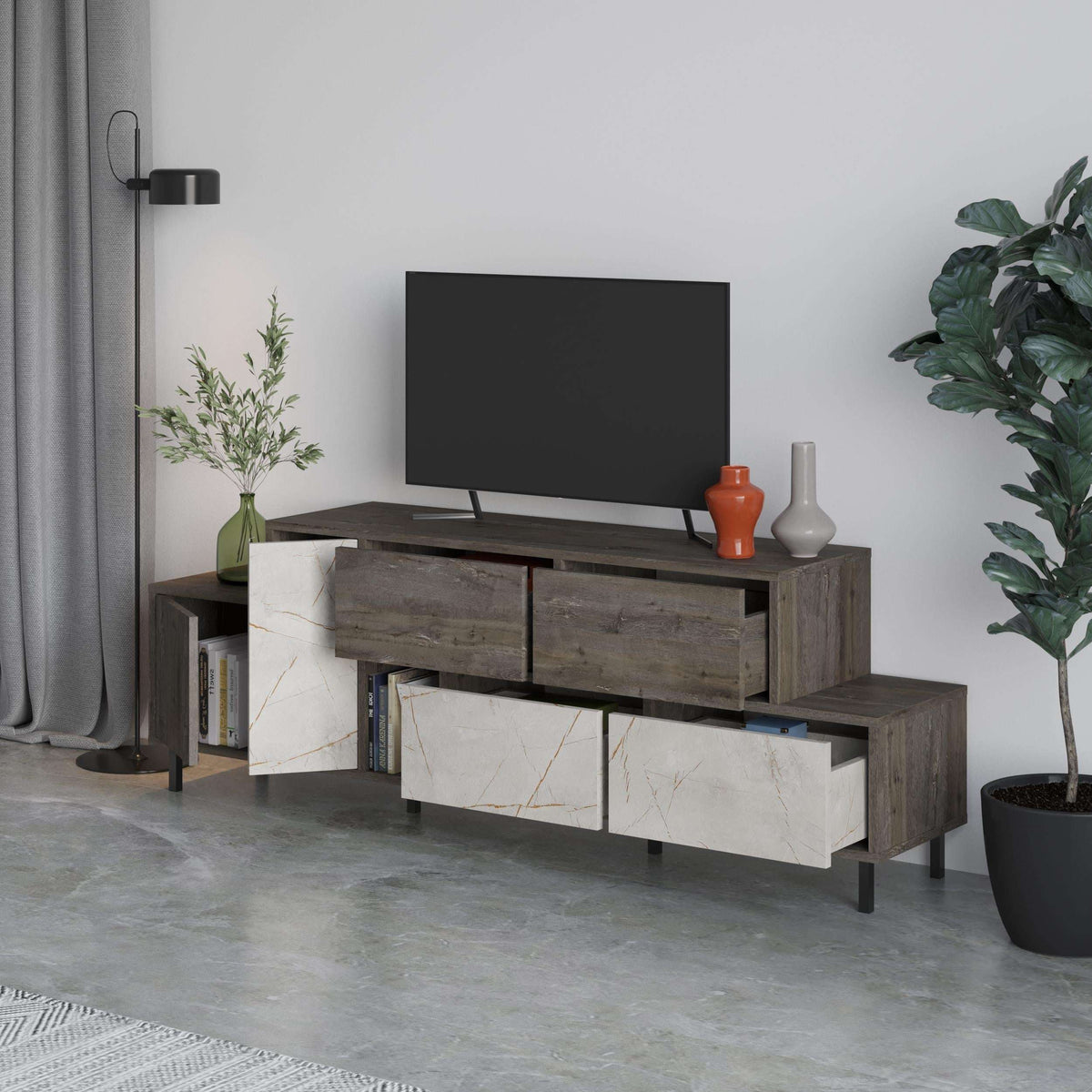 Modern TV stand with wood frame, marble-look drawers, and open compartments for media