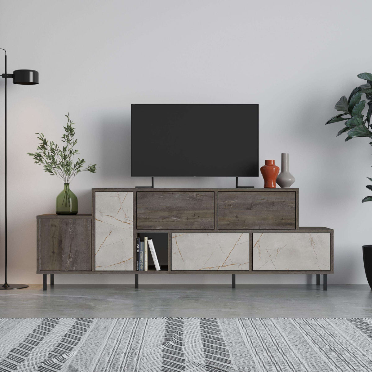 Modern TV stand with wood storage cabinets, marble-look panels, and a TV console top