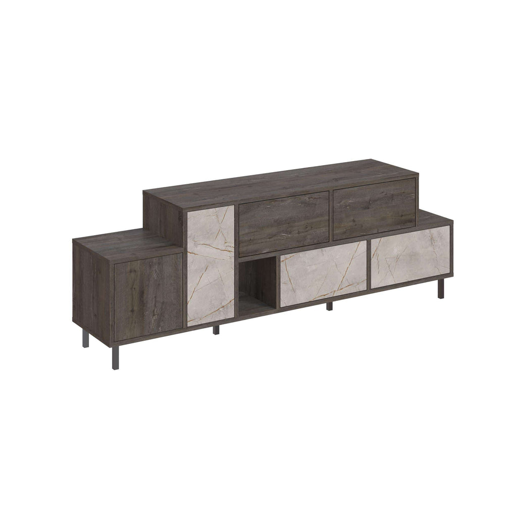 Modern TV stand with side cabinets, center openings, and marble-look drawer fronts