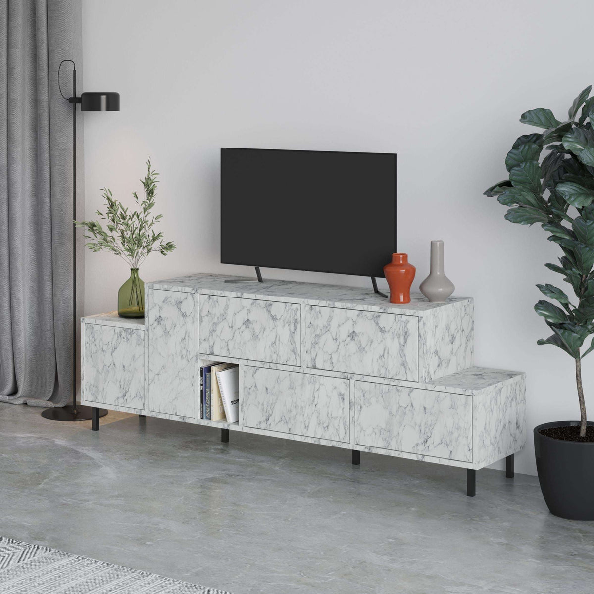 Marble-effect TV media cabinet with open center shelf, side compartments, and cabinet doors