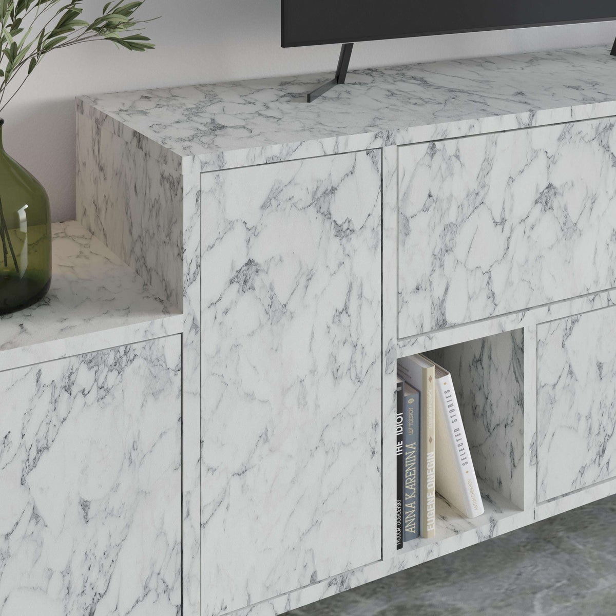 White marble-effect TV stand cabinet with open media shelf and storage doors