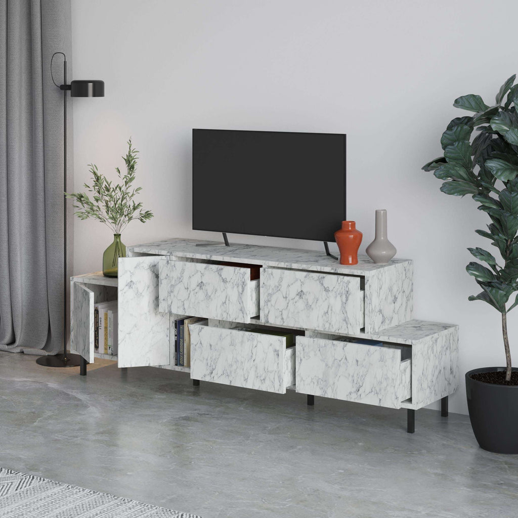 Marble-effect modern TV stand with open shelves, cabinet doors, and dark metal legs