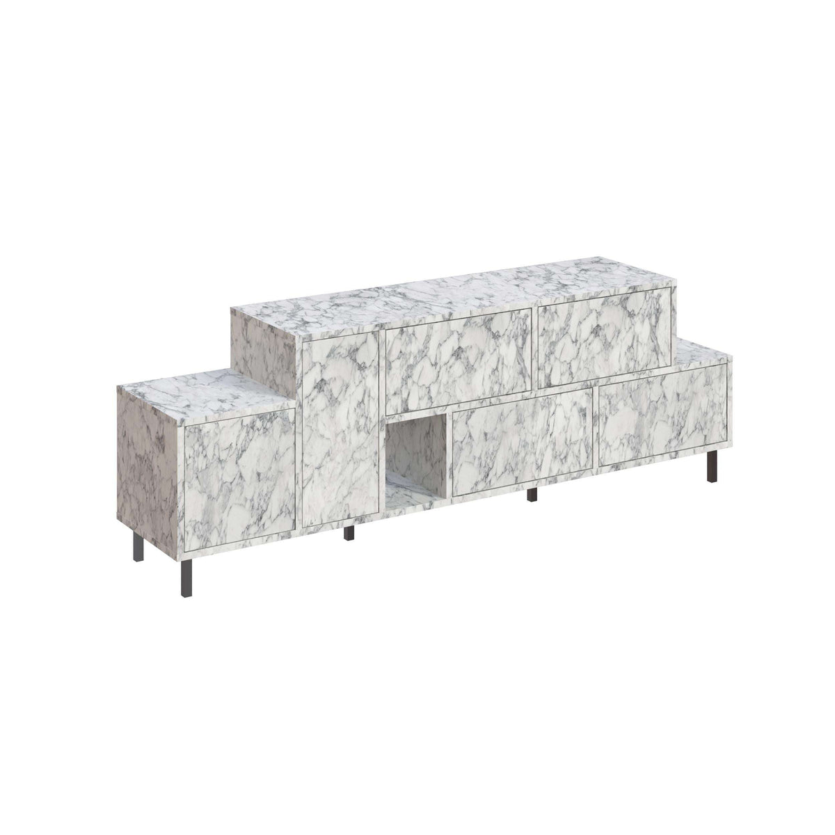 Marble-effect TV stand with four side panels, inset open shelf, and metal legs