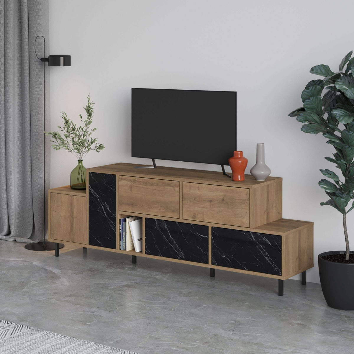 Wood TV stand with drawer fronts and black marble-effect cabinet doors on open base
