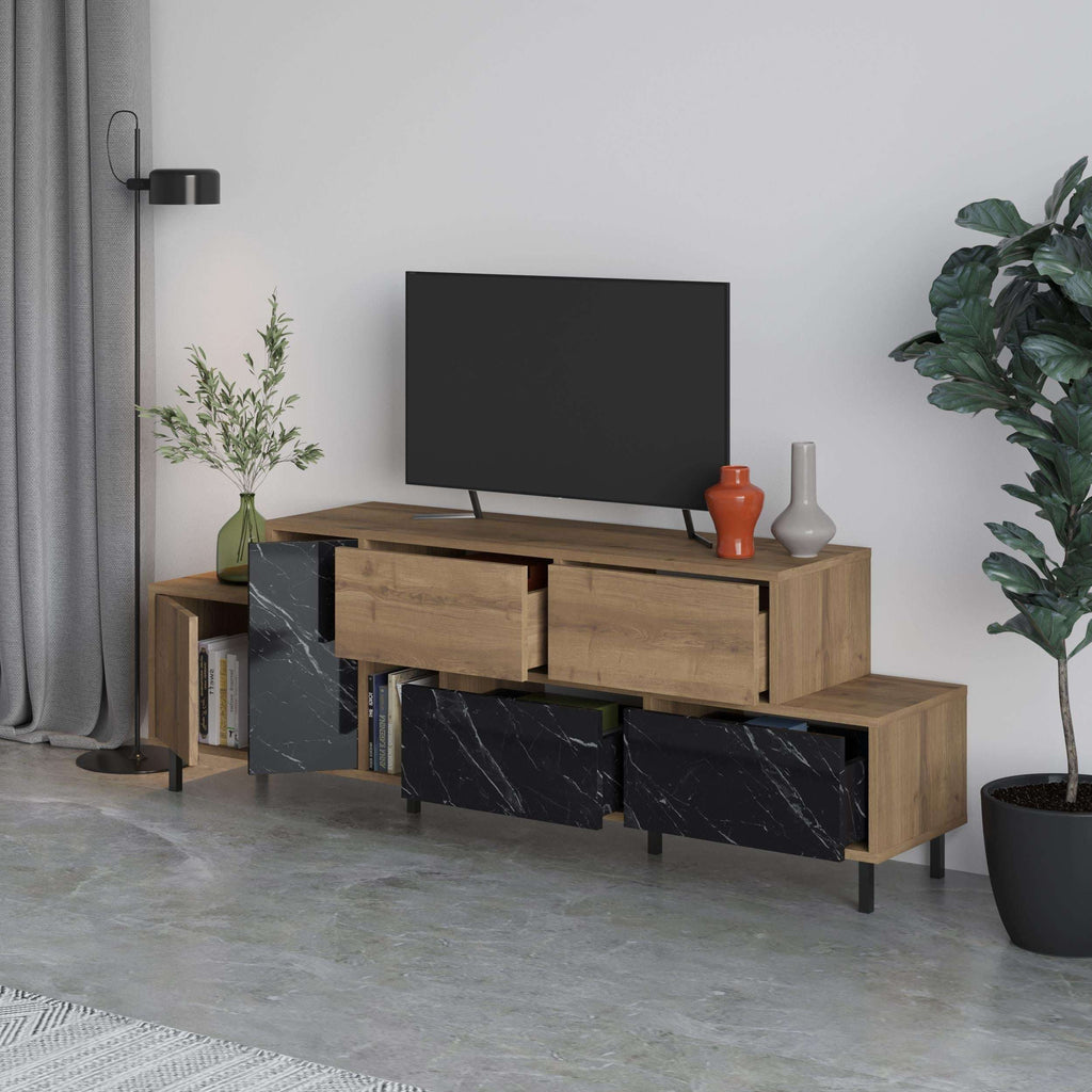 Wood and black marble-effect TV stand with long drawer, side cabinets, and open shelves