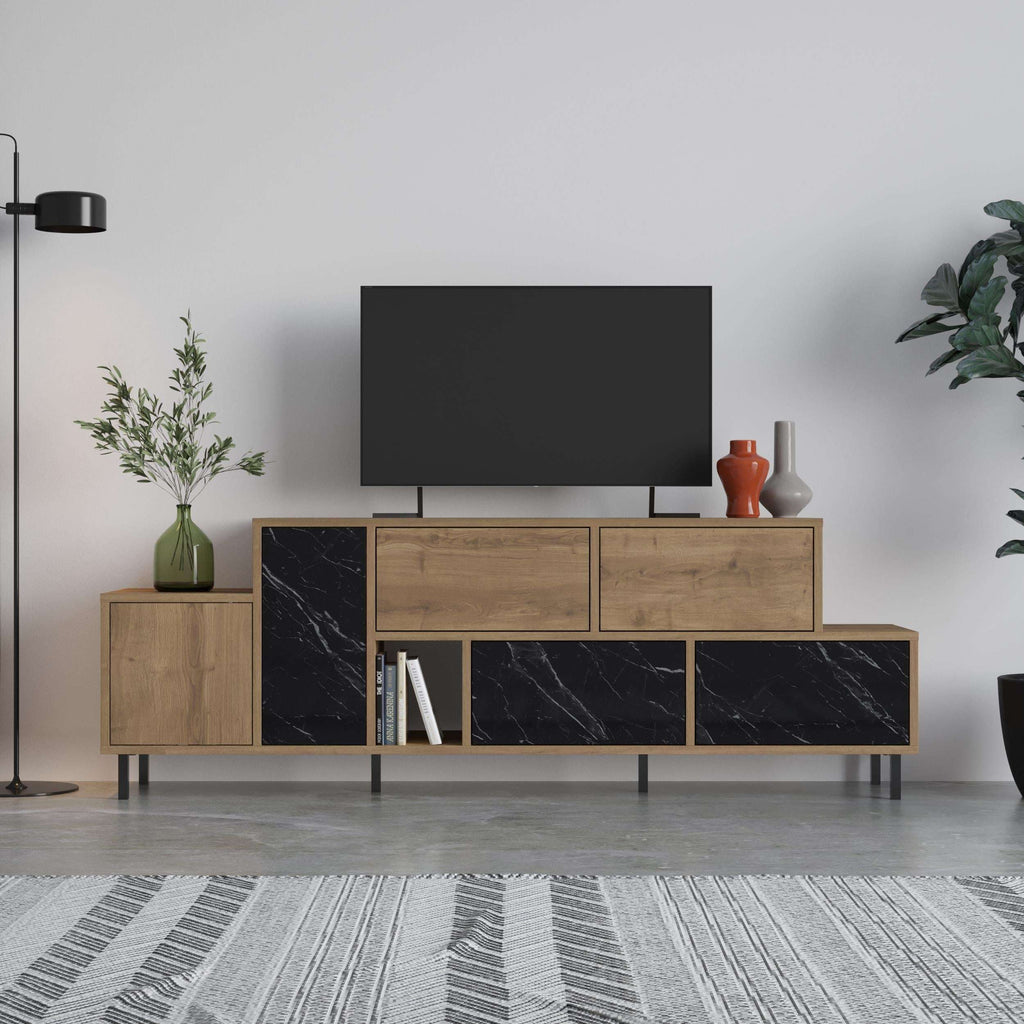 Wood and black marble-effect TV stand with drawer, side cabinets, and open shelves