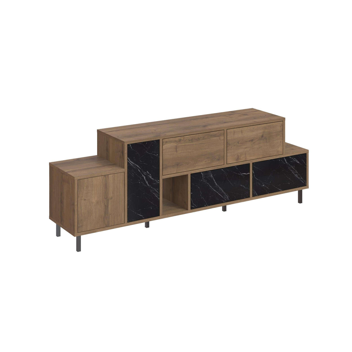 Wood TV stand with black marble-effect panels, open compartments, and tapered legs