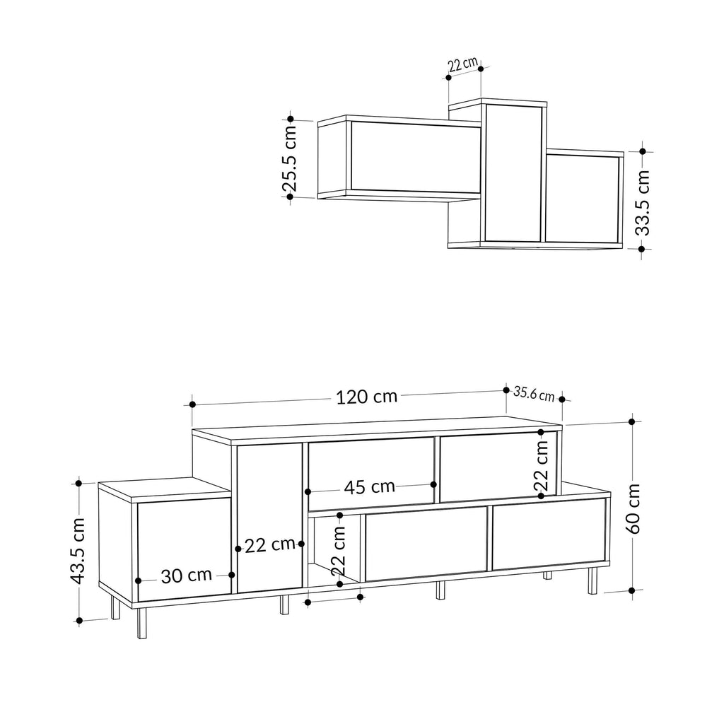 TV stand dimension diagram showing height, width, and depth measurements