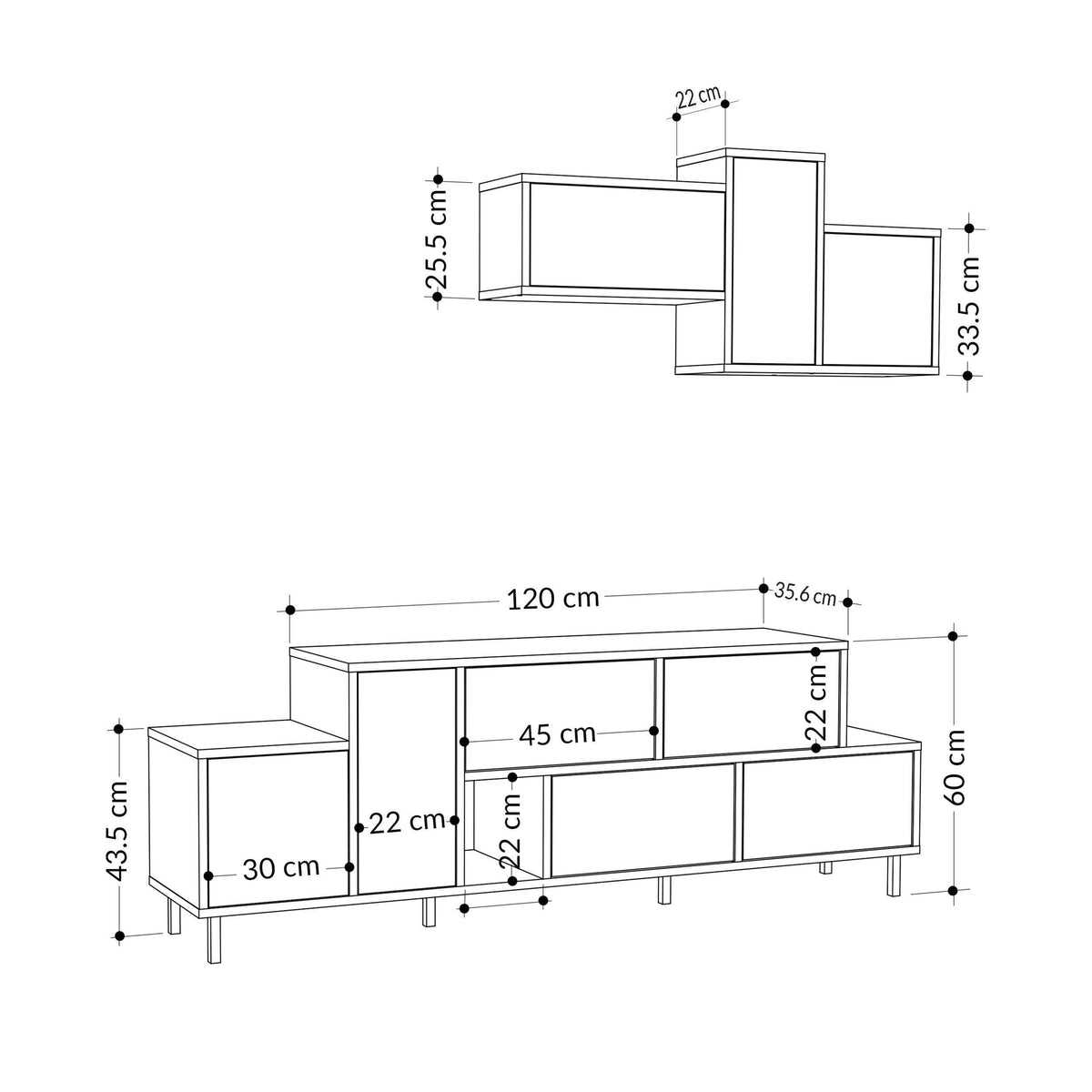 TV stand dimension diagram showing height, width, and depth measurements