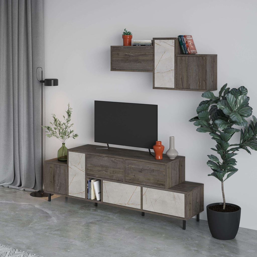 Hermes modern TV stand with storage cabinet, dark wood frame with white marble accents.