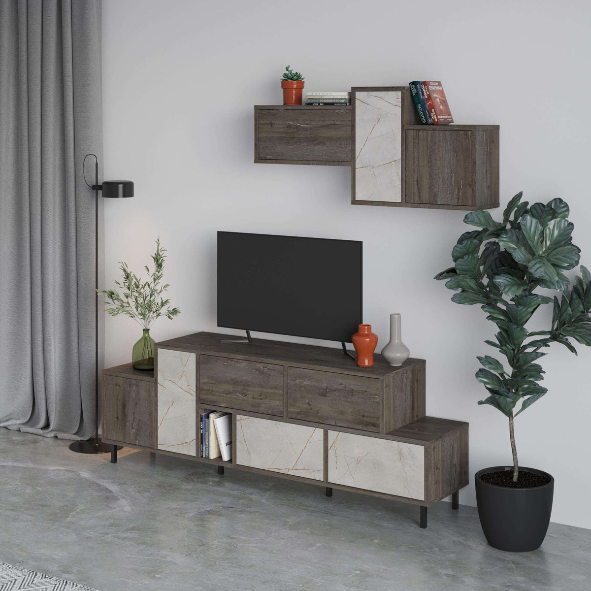 Hermes modern TV stand with storage cabinet, dark wood frame with white marble accents.