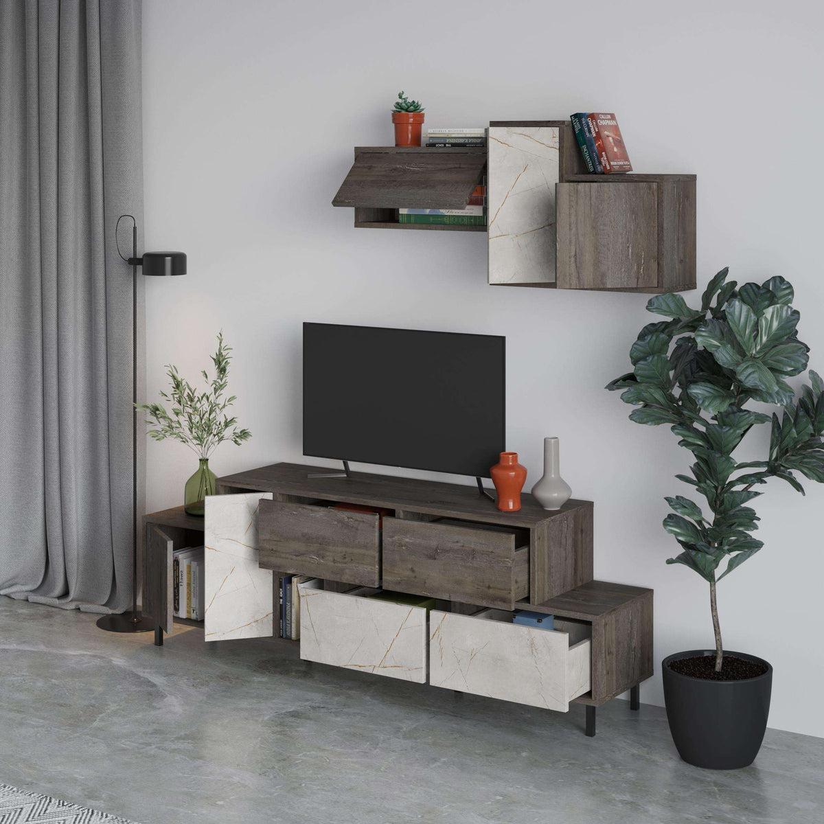 Modern TV stand with dark wood frame, marble-look doors, and open media shelves