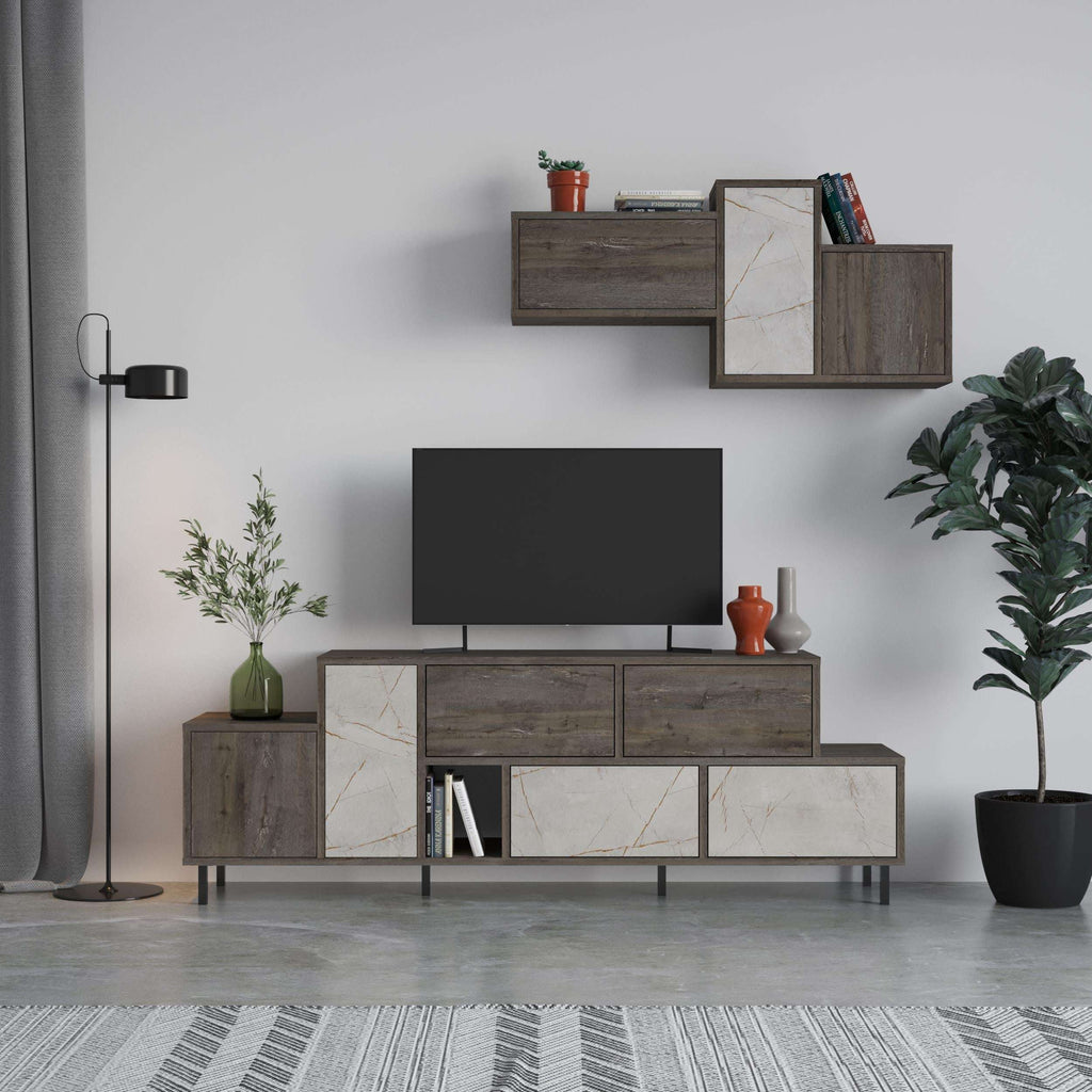 Modern TV stand with dark wood cabinet doors, marble-look panels, and open center shelves