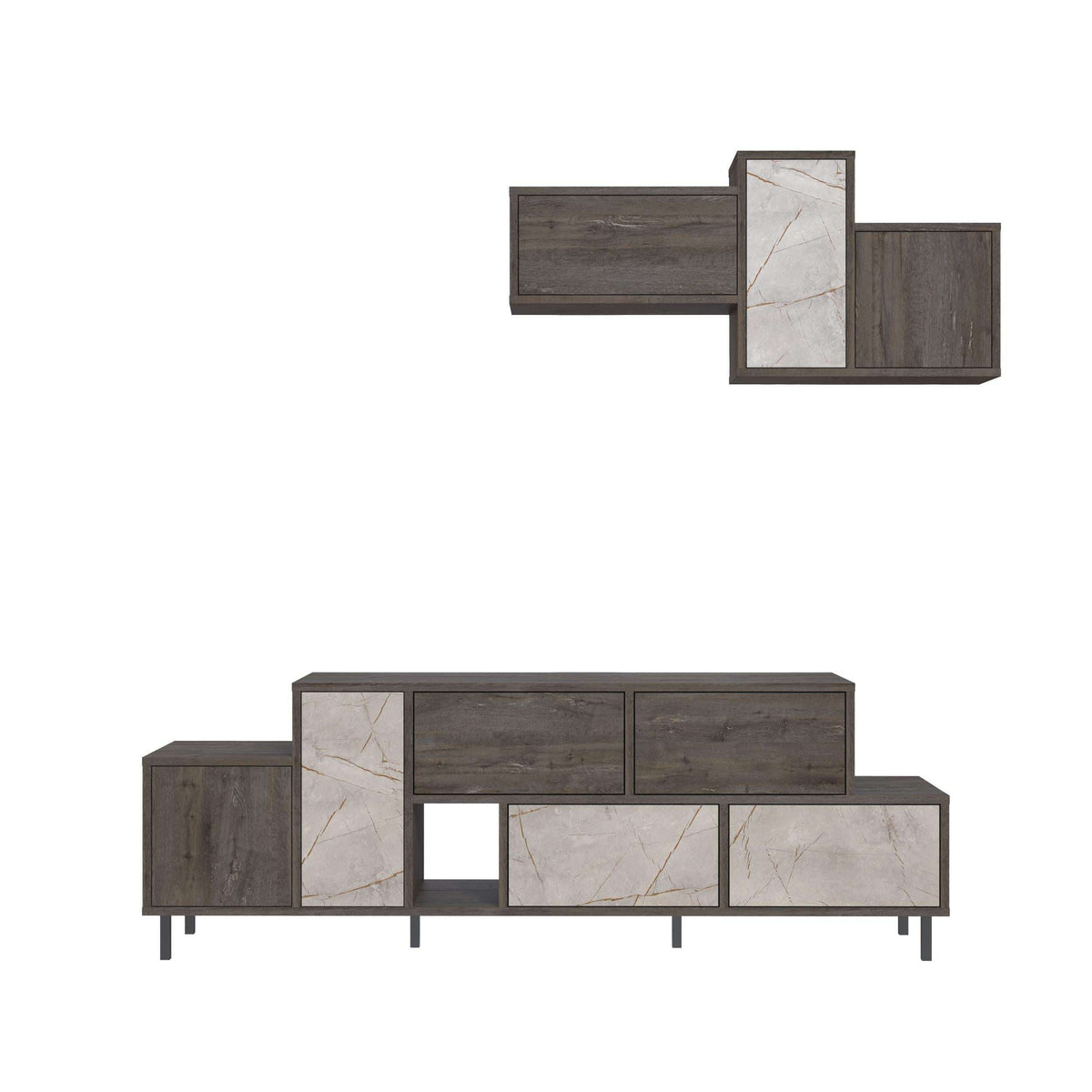 Low TV console with mixed wood and marble-look cabinet doors and open center shelving