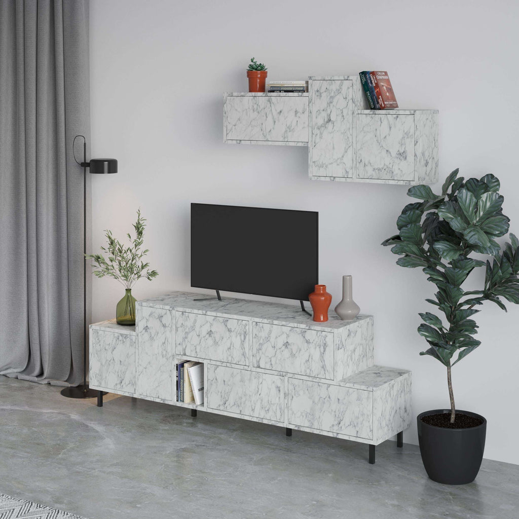 Hermes modern TV stand with storage cabinet, white marble media console with lower drawers.