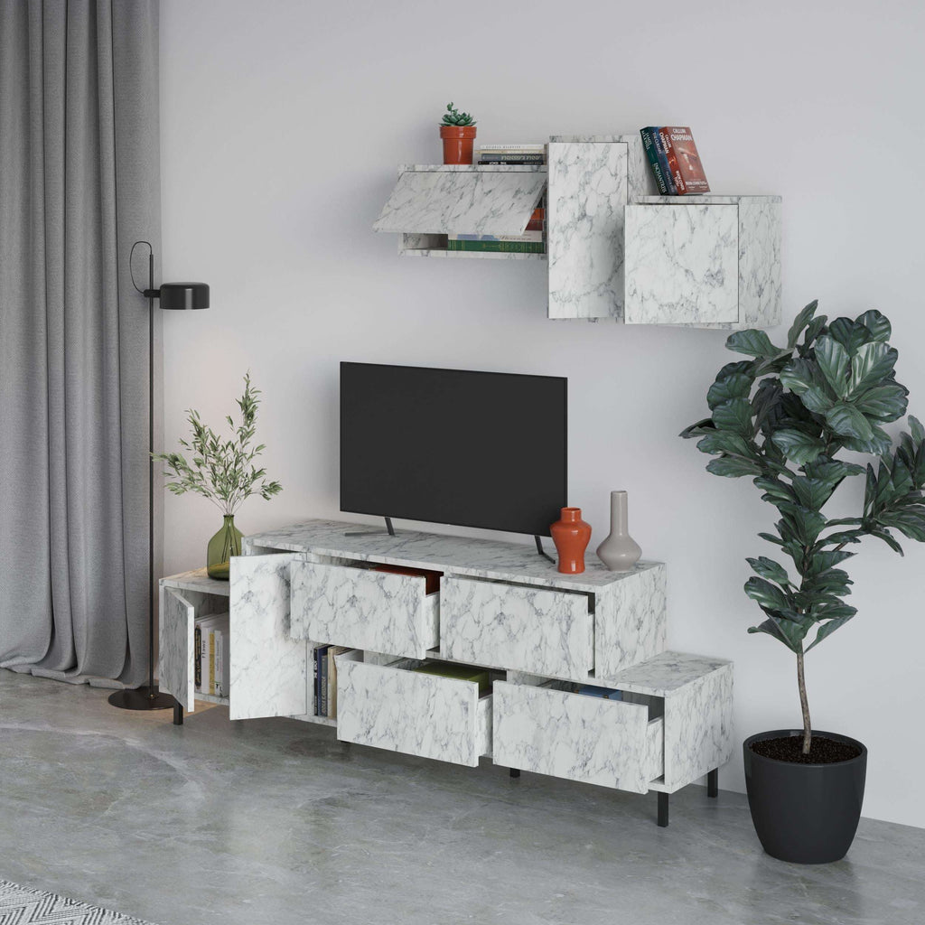 Hermes modern TV stand with storage cabinet, white marble panels and open book display shelf.