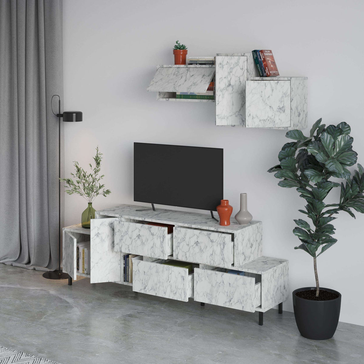 Hermes modern TV stand with storage cabinet, white marble panels and open book display shelf.