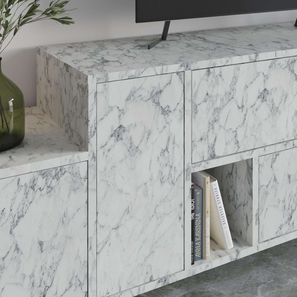 Hermes modern TV stand with storage cabinet, close-up of white marble cabinet doors and shelf.