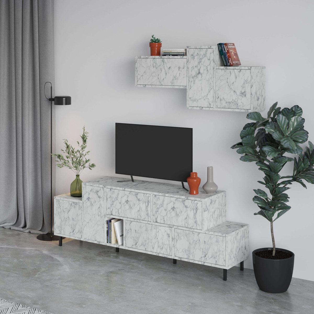 Hermes modern TV stand with storage cabinet, white marble media unit with black screen top.