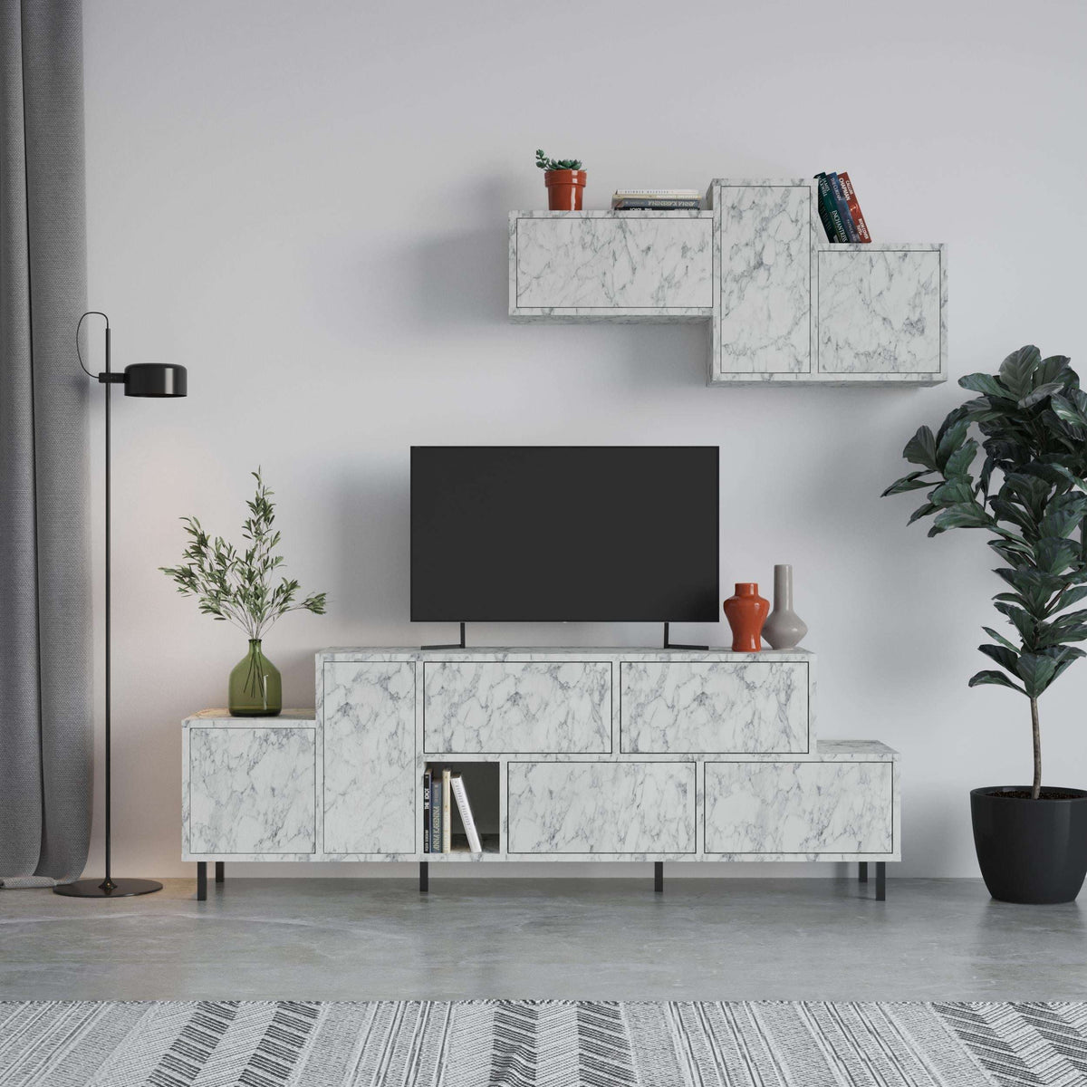Hermes modern TV stand with storage cabinet, white marble panels and dark wood base.