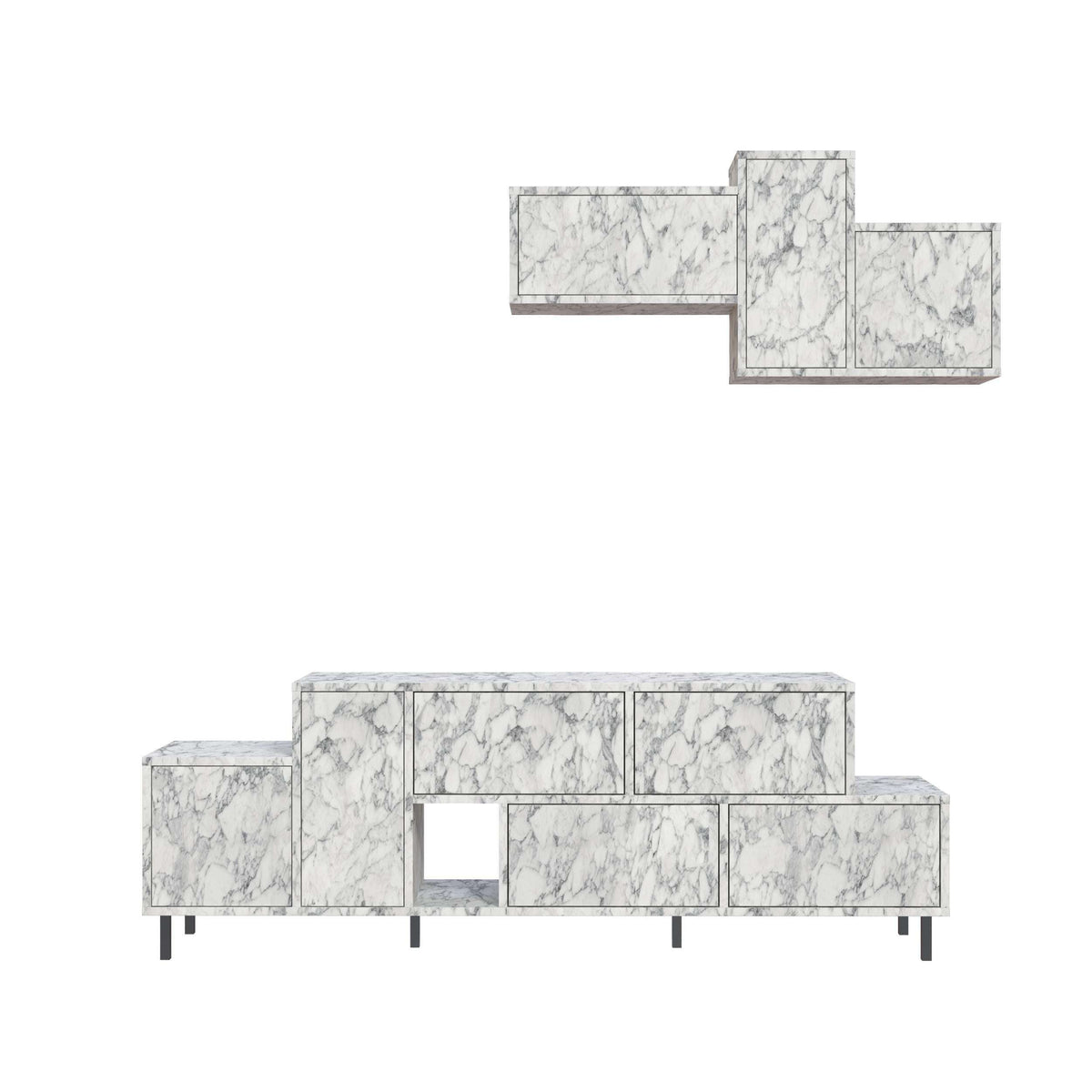 Hermes modern TV stand layout view, white marble cabinet fronts with open center shelf.