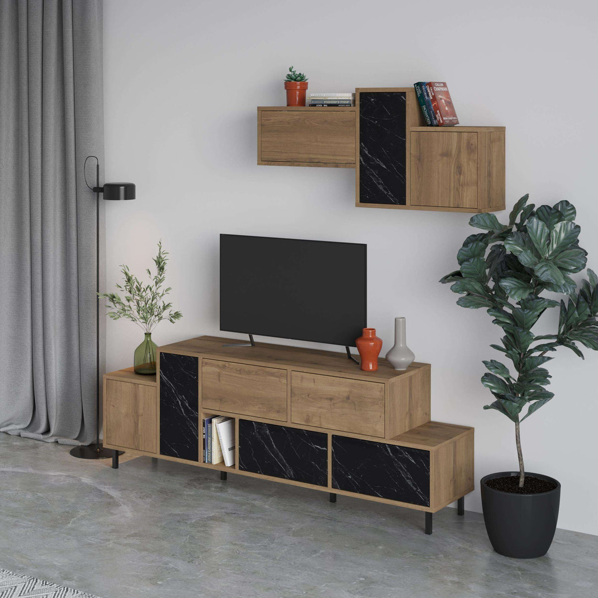 Modern TV console on legs with cabinet doors, open center shelf, light wood and black inserts