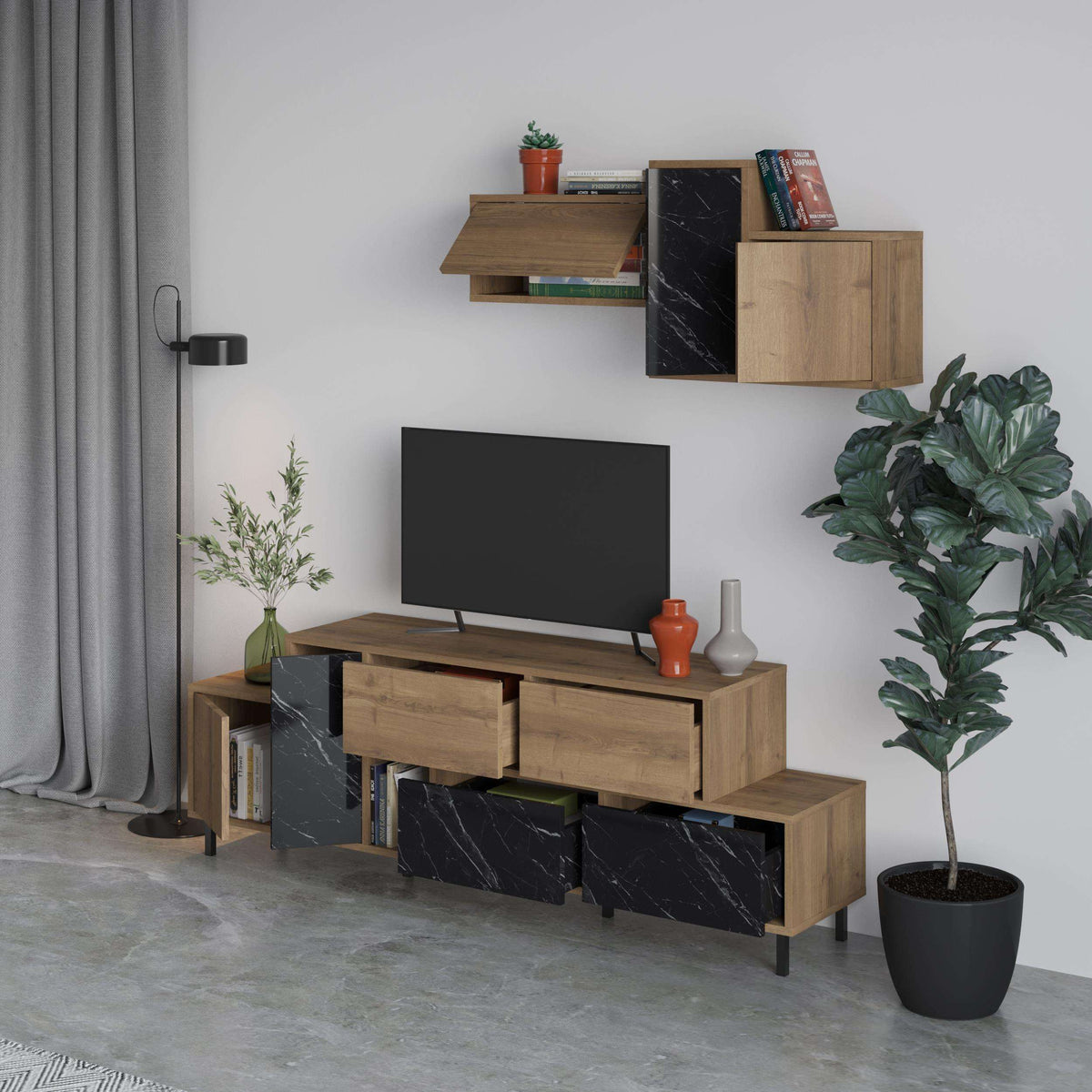 Modern TV console with open media shelf, light wood storage, and black marble-effect panels