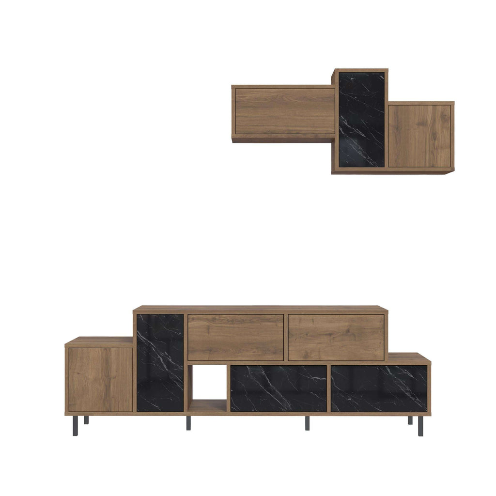 Modern TV stand, front view: light wood frame with black marble-effect doors and shelves
