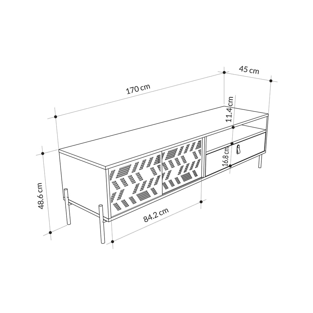 TV stand dimensions: 170 cm wide, 48.8 cm high, 41.4 cm deep (diagram)
